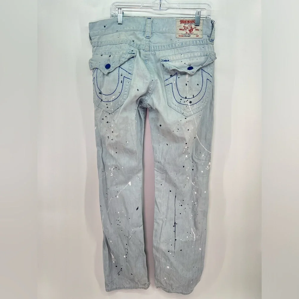True Religion Light Blue Paint Splatter Acid Wash Straight Leg Jeans 34” x 32”